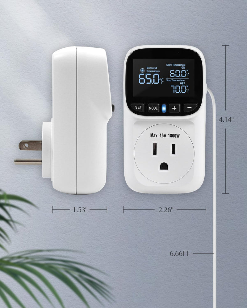 Digital Temperature Controller, Heating & Cooling Thermostat Plug Outlet, –40°F~210°F, 15A 1800W, LCD Display, Temperature Controlled Outlet for Home, Greenhouse, Chicken Coop, Reptile White