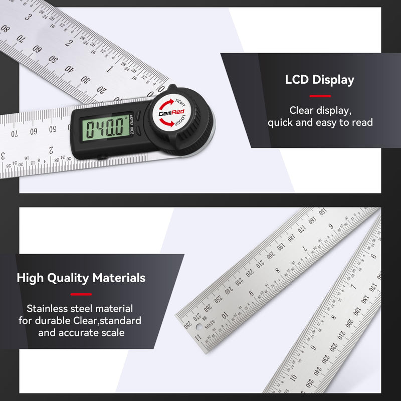 GemRed 82305 Digital Angle Finder Protractor (Stainless steel 300mm) Stainless steel (12inch/300mm)