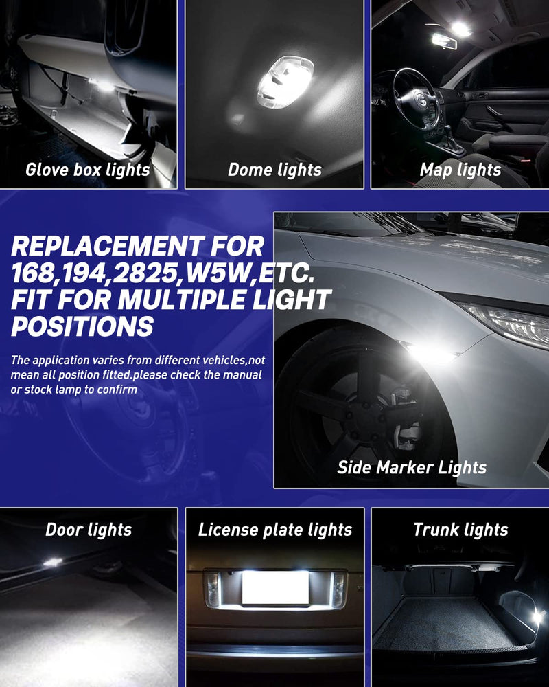AUTOONE 194 LED License Plate Light 300% High Brightness T10 168 2825 W5W Bulbs for Dome Map Door Courtesy Interior Car 6500K White, Pack of 2