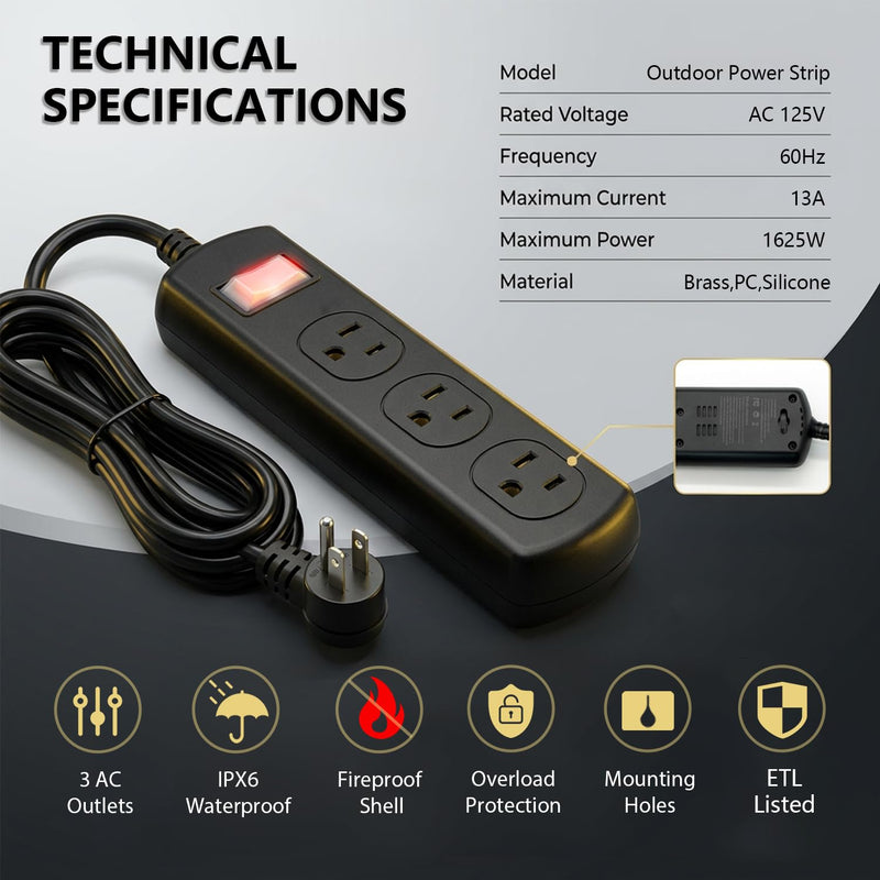 Outdoor Power Strip Weatherproof IPX6, Waterproof Surge Protector with 3 Wide-Spaced Outlets, Flat Plug Heavy Duty Extension Cord for Garden Patio Garage, Wall Mountable, 13A 1625W (Black, 3FT) Black