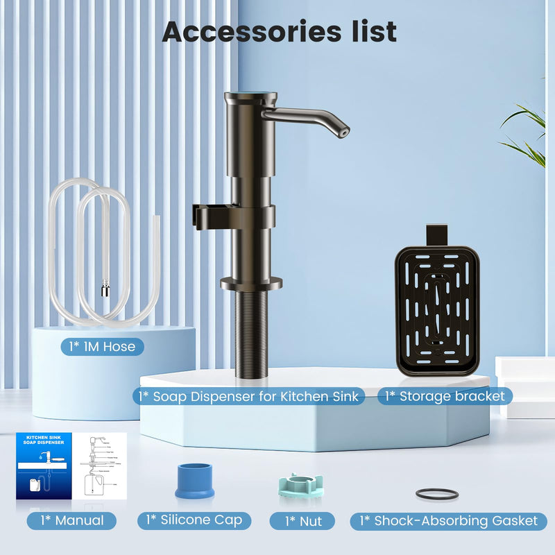 Soap Dispenser for Kitchen Sink, Built in Sink Soap Dispenser with Sponge Rack, Countertop Soap Dispenser Pump with Extension Tube kit, No More Refills,All Metal NO ABS (Grey) Gray