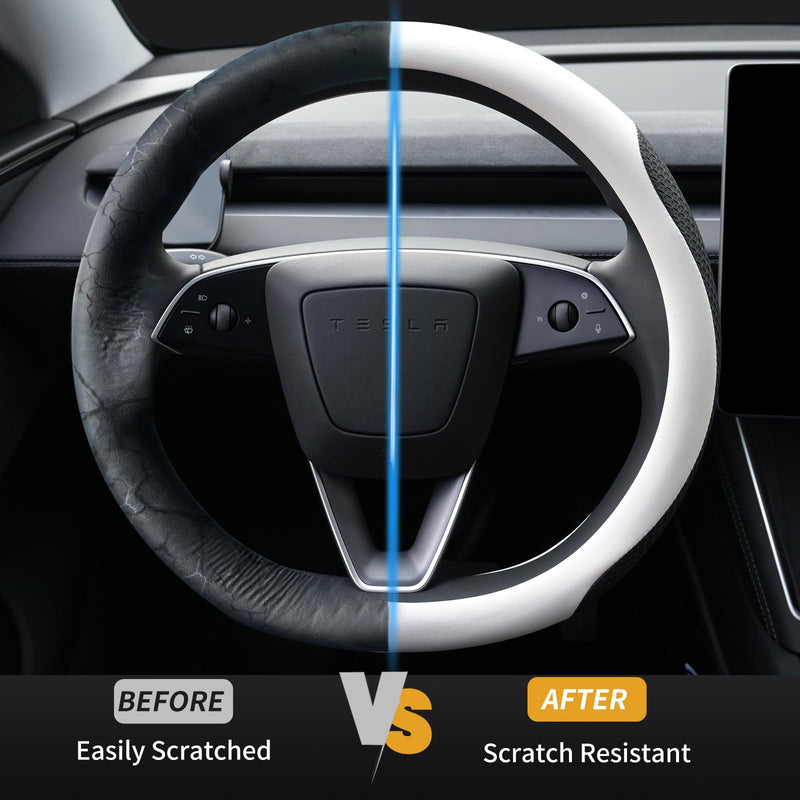  [AUSTRALIA] - Premium Leather Steering Wheel Cover for Tesla Model 3/Y 2016-2025 2026 Juniper/Highland, Non-Slip Breathable Tesla Model 3/Y Steering Wheel Protector, White