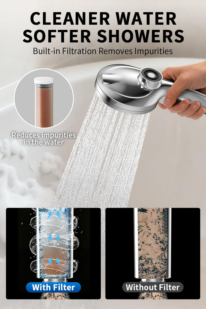 Magnetic Shower Head with Handheld - 10 Spray Modes High Pressure Filtered Showerhead, Detachable Magnetic Mount, Built-in WaterFilter, Extra Cleaning Nozzle, Chrome Silver