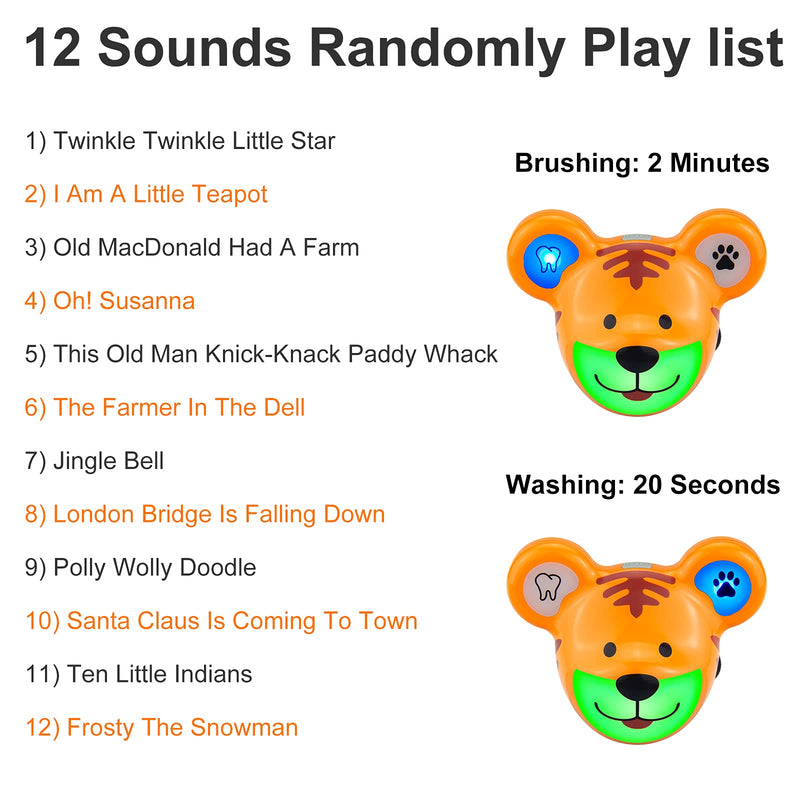 Musical Timer for Kids, Rechargeable Battery 2 Minute Toothbrush Timer and 20 Seconds Bathroom Hand Wash Timers with LED Color Light, 3 Volume Options Musical Timers for Children Tiger Shape Tiger Timer