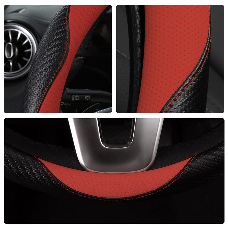 Car Steering Wheel Covers for Women Padded Carbon Fiber PU Leather Cute Auto Interior Accessories for Vehicle, Sedan, Universal, Anti Slip, Red, Standard Size 14.5-15"(37-38cm) Red+Black Standard Size[14"1/2-15"](37-38cm)