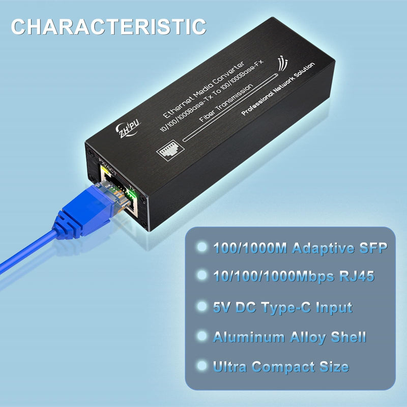 Mini Gigabit Fiber Media Converter Pair 10/100/1000Mbps with Matched SFP Module Pair (SM Single Fiber 1310nm/1550nm 20km), USB Type-C 5V Power Input, for CCTV/IP Cameras SMSF