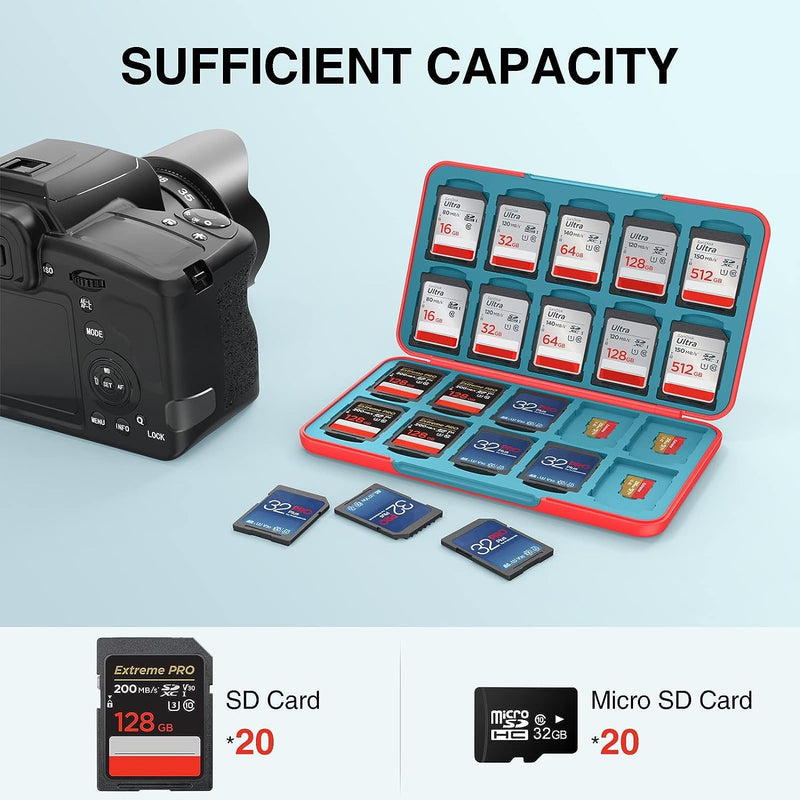 HEIYING SD Card Holder for Memory SD Card and Micro Card, Portable SD Card Holder SD SDHC SDXC TF Card Storage with 20 SD Cards Slots & 20 Micro SD Cards Slots. Red