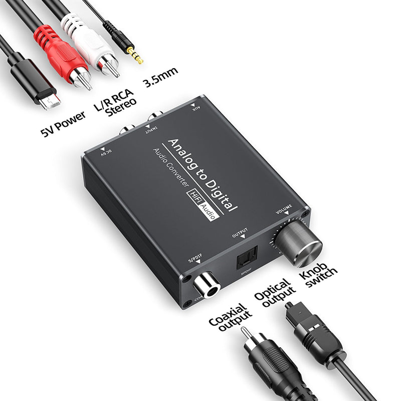 Analog to Digital Audio Converter RCA to Optical with 3.5mm AUX Jack Toslink and Coaxial Adapter with Adjustable Volume