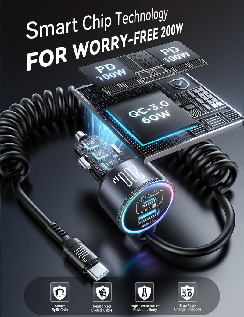 FLYLEAD 200W Car Charger USB C Fast Charge, [GaN] PD100W Fast Car Charger | Cigarette Lighter Phone Charger Adapter for iPhone 17/16/15 Pro Max, MacBook Pro Air Laptop, Samsung S26/S25, Pixel, iPad Pro Black