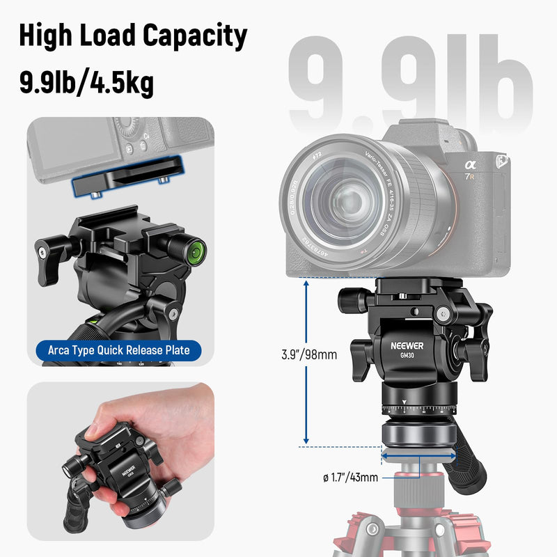 NEEWER Tripod Fluid Head with ±10° Leveling Base (43mm Dia.) Vertical/Horizontal Shooting Switch, Compact Metal Pan Tilt Video Head with Arca QR Plate, Telescopic Handle, Max Load 9.9lb/4.5kg, GM30