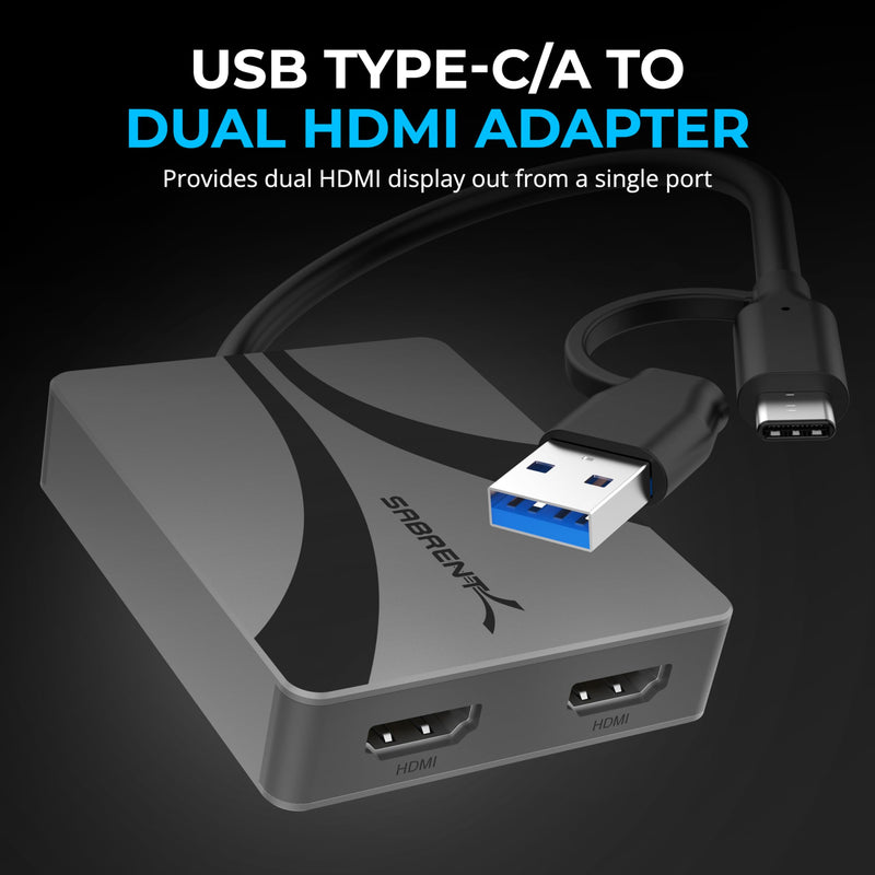 SABRENT USB Type-C/A to Dual HDMI Adapter, 4K@60Hz, Extended & Mirror Modes, Alt Mode + DisplayLink Compatible, Stereo/5.1 Audio, HDCP Support, Aluminum Housing, Plug & Play, (DA-CA2H)