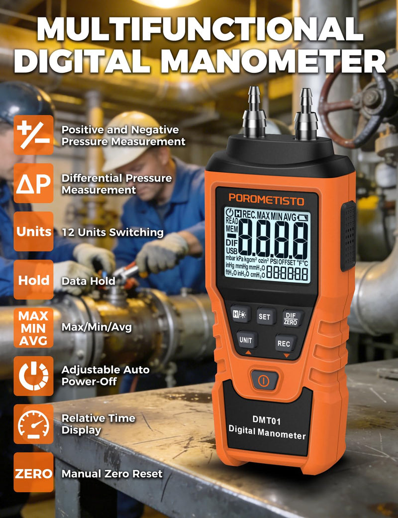 DMT01 Digital Manometer POROMETISTO, Manual Calibration Custom Zero, Real time Measurement, Max/Min/Avg Recording,HVAC Manometer, 12 Units Gas Pressure Tester, Differential Pressure Gauge