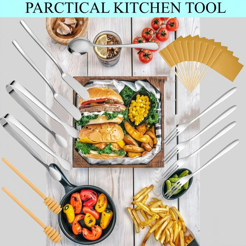 44 Pcs Charcuterie Boards Accessories,Cheese Butter Spreader Knives Set Stainless Steel Spreader Knives Forks Spoons Mini Serving Tongs Small Dipping Bowls Toothpick Flags Utensils for Party (Silver) Silver