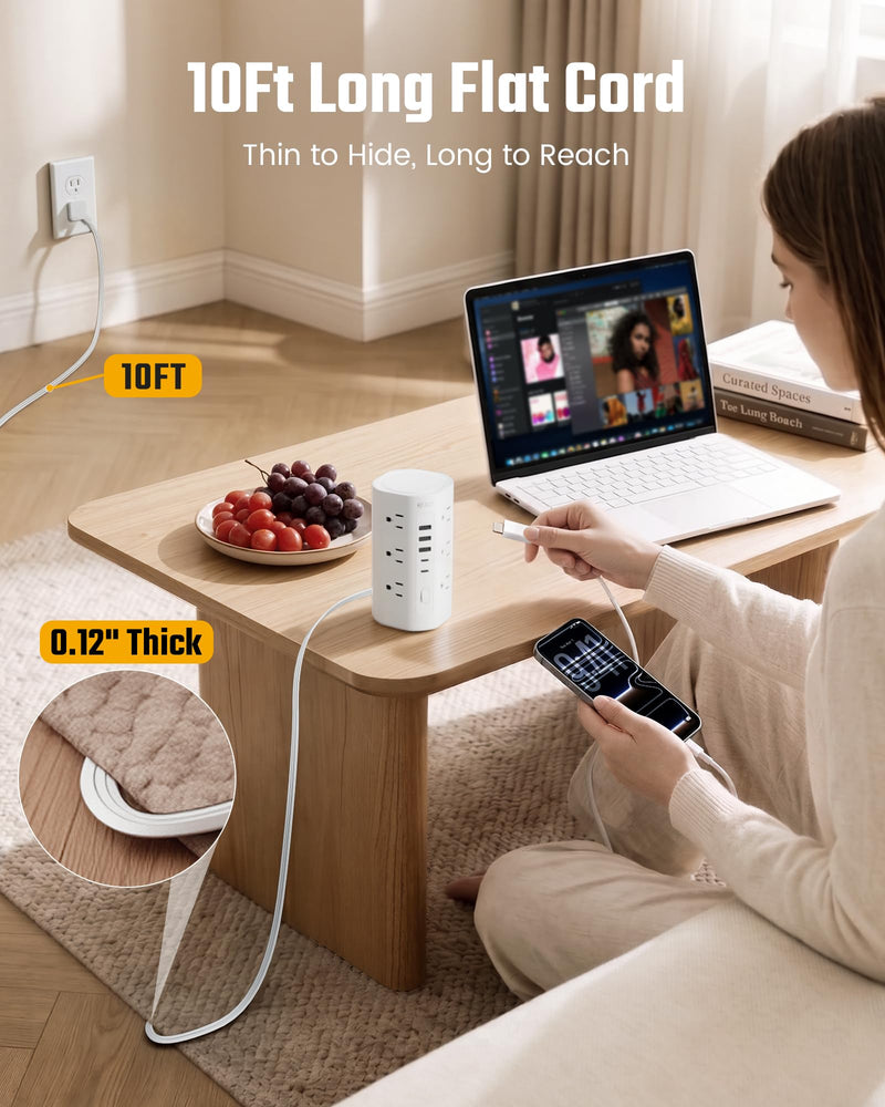 SUPERDANNY Tower Power Strip, 10Ft Extension Cord, 1700J, 12 AC 5 USB,White | 3 USB A, 2 USB C, Surge Protector Power Tower, Flat Plug, Desk Charging Station with Multiple Outlets, Home Office Dorm Room White 10 FT