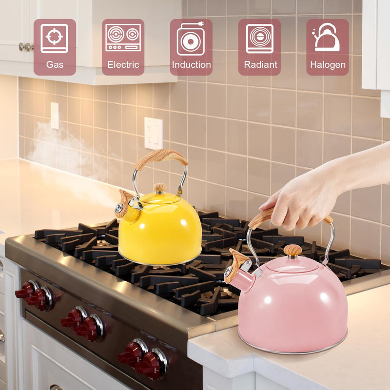 GGC Tea Kettle for Stove Top, 85OZ/2.6QT Whistling Tea Kettles for Boiling Water Milik or Coffee, Pink Stainless Steel Tea Pots with Wood Pattern Folding Handle, Thumb Design Control Kettle Outlet Cute Pink