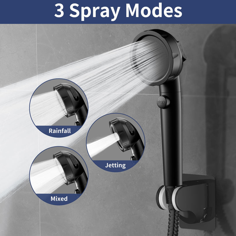 HANLIAN On/Off Pause Camper Shower Head with Filters, Detachable Shower Head with filtrate, High Pressure RV Showerhead with Hose and Self-adhesive Bracket, Shower Filtered Showerhead (Black) Black