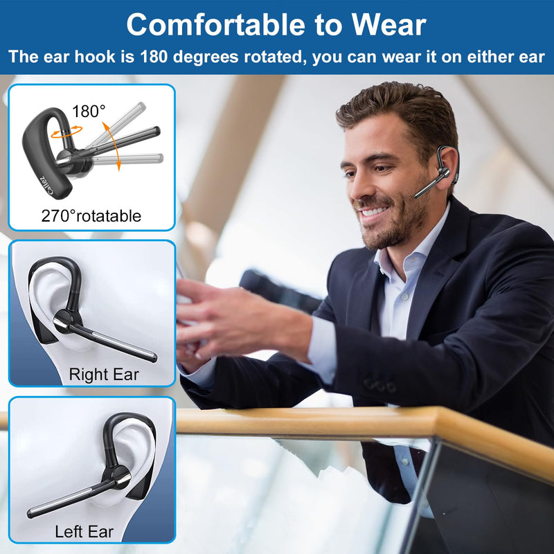 Callez Bluetooth Headset for iPhone Android Cell Phone Trucker Office Work | Bluetooth Earpiece V5.0 with CVC8.0 Dual Mic Noise Cancelling, Mute/Volume Buttons, Hands-Free Wireless Headset for Business Black