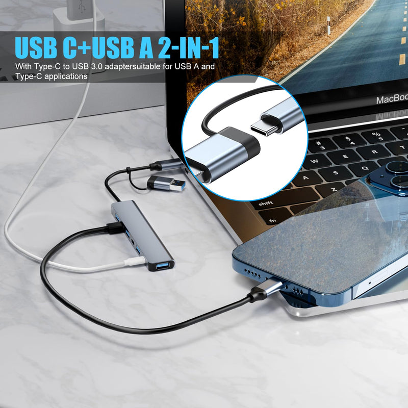 Aluminum 7 in 1 USB C Hub with USB 3.0,7 Ports with 2* USB-C and 5* USB-A, Ultra Slim Portable USB Splitter Adapter for Laptop, PS4, Flash Drive, HDD, Xbox, Printer, Mouse, Keyboard