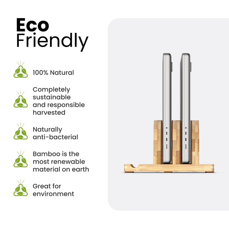 Kothar Premium Wood Vertical Laptop Stand - Adjustable Dual Slot Bamboo Holder for MacBook, Dell, HP, and More | Space-Saving Desktop Organizer | Eco-Friendly, Sleek & Durable Design Natural