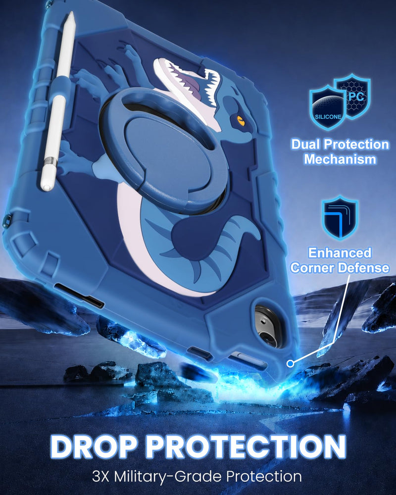 Uppuppy for iPad A16 Case 2025 11 inch/for iPad 10th Generation Case - Rugged Heavy Duty Shockproof Protective Cover with Pencil Holder, Rotating Stand, Shoulder Strap for Kids, Boys, Blue Dinosaur