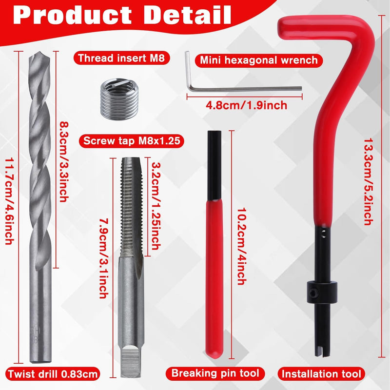30 Piece M8x1.25 Helicoil Thread Repair Kit, Metric Helicoil Repair Kit with HSS Drill Bits Thread Inserts Taps Breakoff Installation Tools, Portable Rethreading Tool Kit for Auto Repairing M8 x 1.25mm