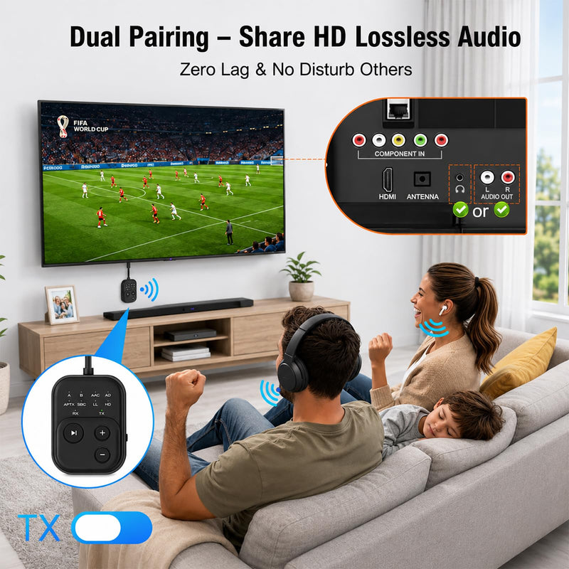 Bluetooth 6.0 Audio Transmitter Receiver, Airplane Bluetooth Adapter for TV | Dual Link for 2 Headphones, Qualcomm aptX LL, HD, 3.5mm AUX Audio Transmitter for Flight Trave, Gym, Low Latency, Black