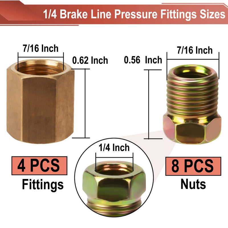 1/4 Brake Line Pressure Fittings, 12 Pieces 7/16 Inch-24 Threads Brass Brake Line Fitting Assortment for 1/4 Inch Brake Line Tube (4 Unions, 8 Nuts)