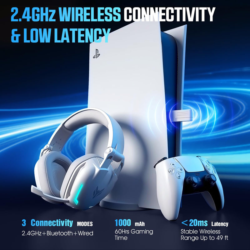 BENGOO G1 60H Wireless Gaming Headset with RGB Lights & Mic for PS5 PS4 PC | 7.1 Surround Sound, 2.4GHz USB/Type-C & Bluetooth 5.4, Noise Canceling Flip Microphone, Foldable Design for Switch Mac White