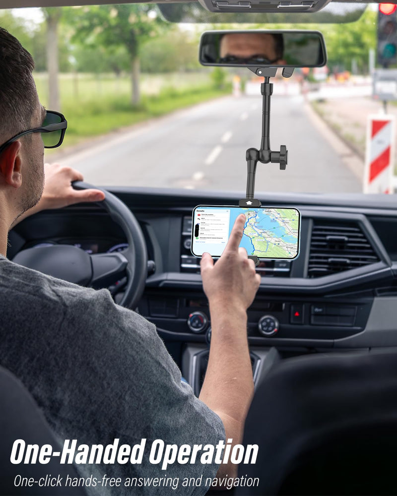 Rearview Mirror Phone Holder for Car - [Metal Arm Clip] Cell Phone Holders for Your Car Mount Automobile Hands Free Cradle Rear View Mirror for iPhone Air 17 16 15 14 13 Pro Max, Galaxy, 4-7" Phones