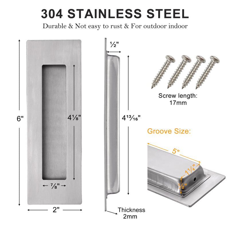 CozyTower Recessed Pocket Door Pull Hardware Flush Door Handles, Sliding Closet Door Pull, 6 Inch Brushed Stainless Steel Finger Door Pulls Rectangular(4 Pack) Brushed Stainless Steel-4 Pack