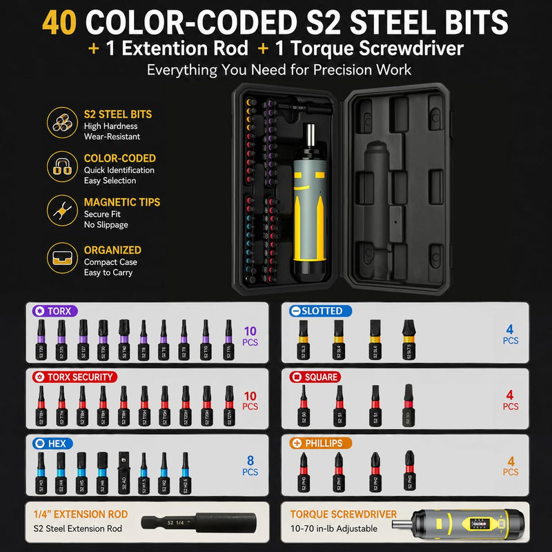 Torque Wrench Screwdriver Set,10-70 Inch Pounds, 40 S2 Bits - Hex,Torx, Flat,Phillip,Square and Torx Security Bits for Accurizing Scope Mounting, Bicycle Repairing and Maintenance (42PC) Screwdriver/42pc