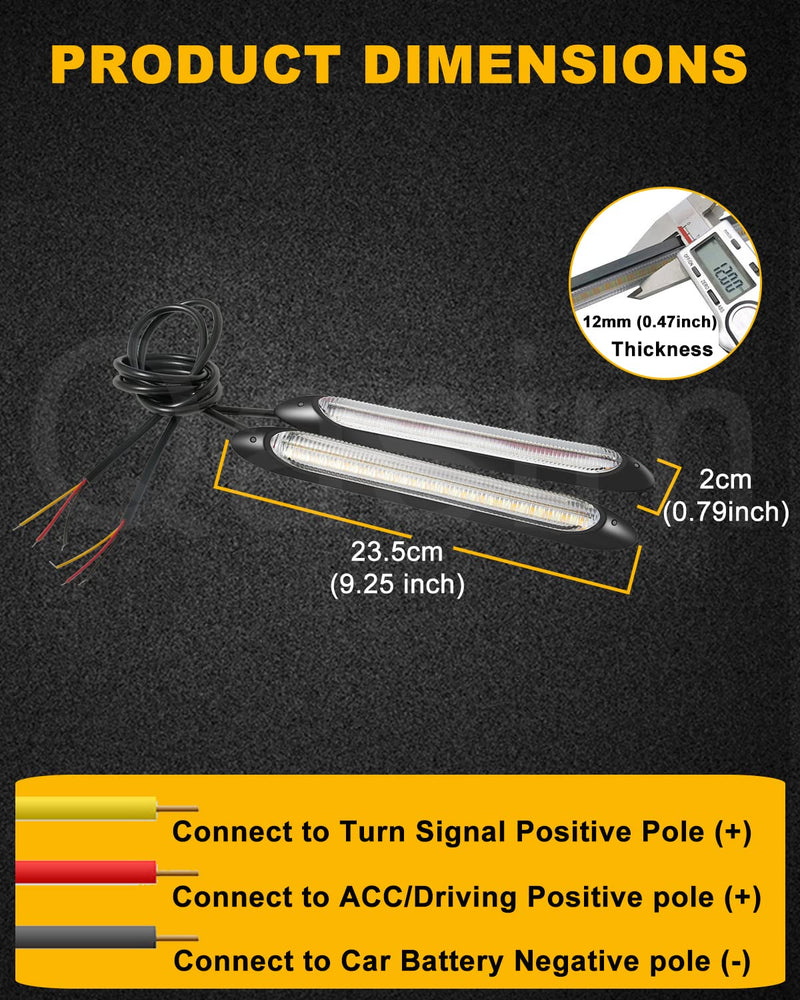 Qasim DRL LED Strip Car Daytime Running Light 9.25in White Automobile Decorative Lights Yellow Streamer Flow Turn Signal Light Tail Light Strip Bar 12V (2Pcs, 23.5cm) 23.5CM 9.25'' WA