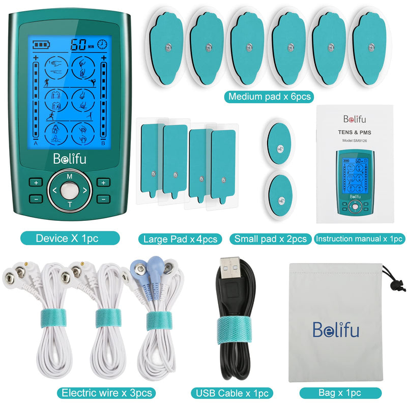 Belifu Dual Channel TENS EMS Unit with 12 Pads, 24 Modes Muscle Stimulator, Electronic Pulse Massager Muscle Massager for Pain Relief Therapy, Fastening Cable Ties, Dust-Proof Drawstring Storage Bag Green