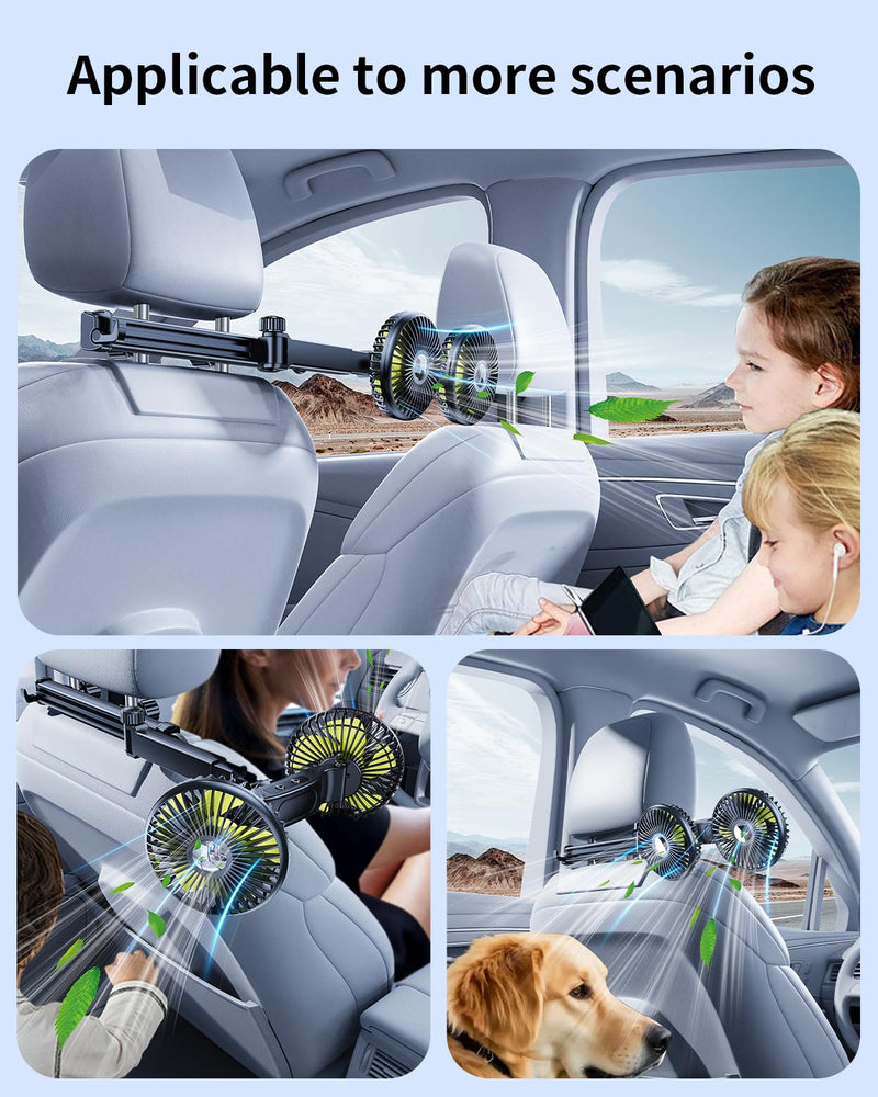 Dual Head Car Fan for Back Seat,Battery Powered Rechargeable Car Backseat Fans for Dog Baby Kids,360° Rotatable Rear Headrest Cooling Fans,Carseat Cooler Fan That Blow Cold Air for Vehicles RV CARFAN-BAT-ARM Graphite