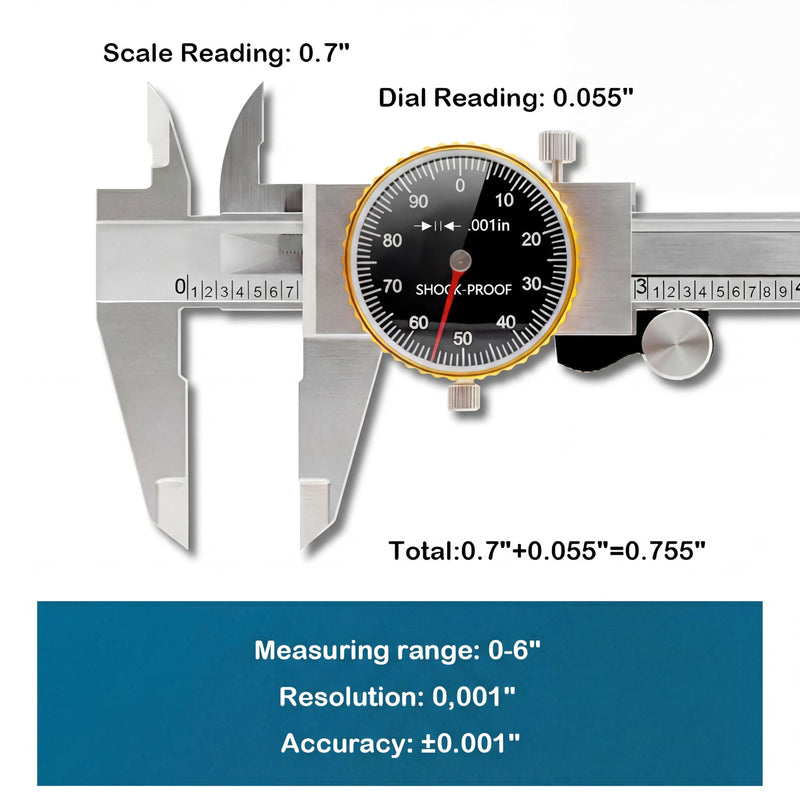 WeldingStop Precision 0-6" Dial Caliper Set with Protective Case - 0.001" Accuracy 4-Way Measuring Tool, Shock-Proof Stainless Steel, Ideal for Home & DIY Measurement
