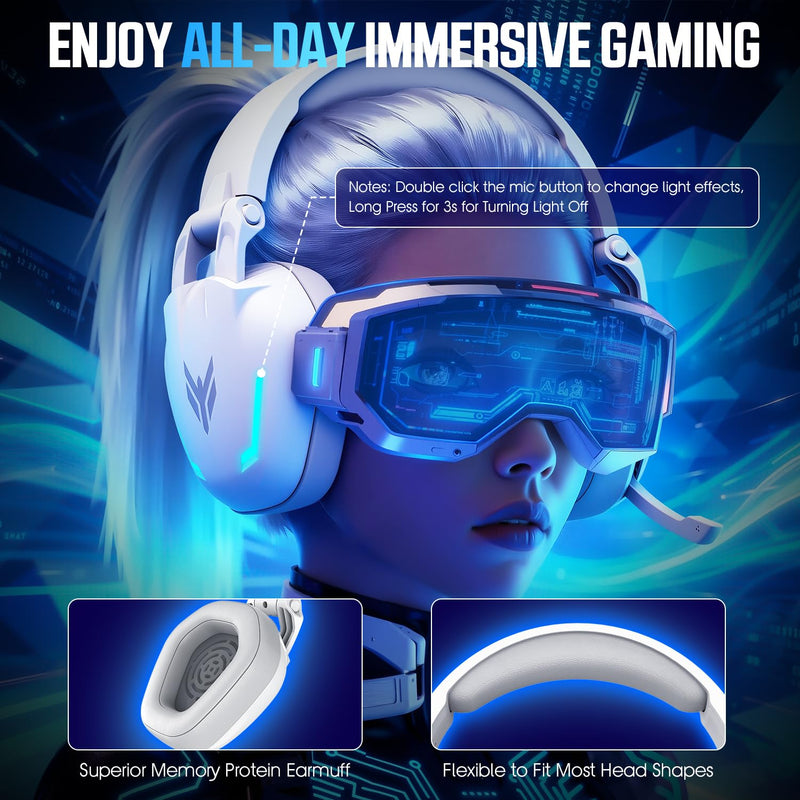BENGOO G1 60H Wireless Gaming Headset with RGB Lights & Mic for PS5 PS4 PC | 7.1 Surround Sound, 2.4GHz USB/Type-C & Bluetooth 5.4, Noise Canceling Flip Microphone, Foldable Design for Switch Mac White
