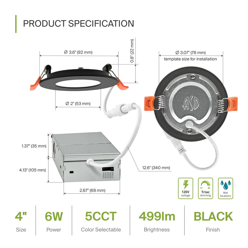 ASD 6 Pack 3 Inch LED Recessed Light 6W, 5 CCT 2700K-5000K CRI90+, IC Rated Ultra Thin Dimmable Ceiling Lights with J Box, Canless Wafer Downlight, Round Slim Panel Lighting, Energy Star ETL, Black 3 Inch 6 Pack