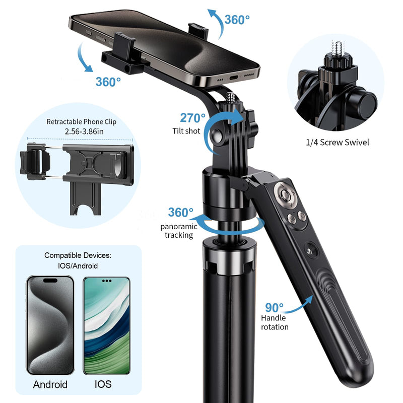 Auto face tracking tripod 360 rotation,70" Expandable selfie stick tripod,face body tracking phone tripod selfie stick, with fill light auto tracking tripod,Remote & Gesture Control tripod