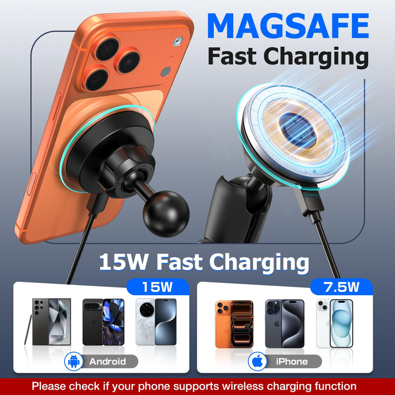 Magnetic Wireless Car Charging Phone Holder with 1-inch Ball Mount for Magsafe, Super Magnet & Anti-Slip 1" (25mm) Ball Mount Phone Holder Compatible with RAM Mounts Double Socket Arm Black