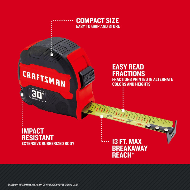 CRAFTSMAN 30-ft Tape Measure with Fraction Markings, Retractable (CMHT37445S) (Pack of 1)