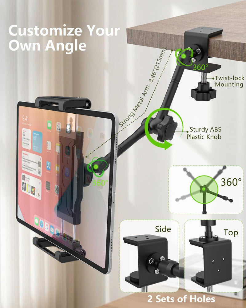 Camping Tablet Holder, Adjustable Clip-on Stand for RV & Picnic | C-clamp fits 2.36" surfaces, 360° rotatable, tool-free installation, compatible with 6–15.6" phones & tablets