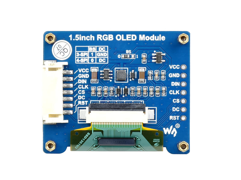 waveshare 1.5inch RGB OLED Display Module 128x128 Pixels 16-bit High Color (65K Colors) with Embedded Controller Communicating via SPI Interface.