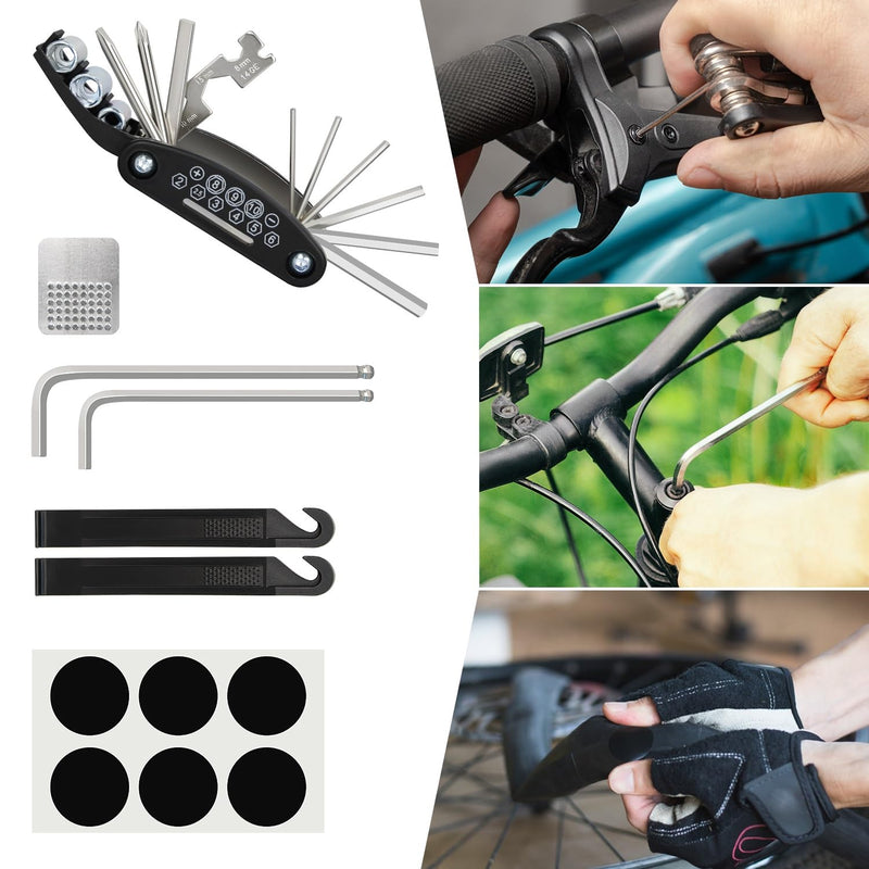 Bike Repair Kit, Bicycle Repair Bag With Tire Pump, Bike Tool Kit for Camping Travel, 16-in-1 Bike Multitool, Bicycle Tire Repair Kit, 4mm and 5mm Allen Wrenches, Used for Mountain Bike and Road Bike Bike Phone Bag Set