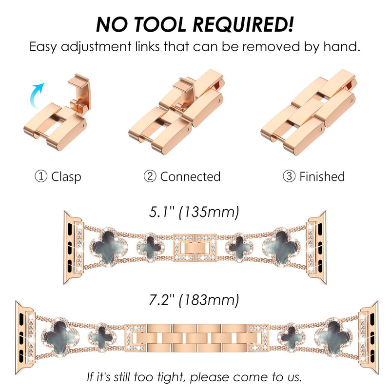 KADES Band with Case Compatible for Apple Watch Series 9 8 7 45mm/41mm Series 6 5 4 SE SE2022 44mm/40mm Series 3 2 1 42mm/38mm, Sparkling Bling Diamond Bands with Full Diamonds Case Rose Gold with Black Pearl Shell Only for 40mm
