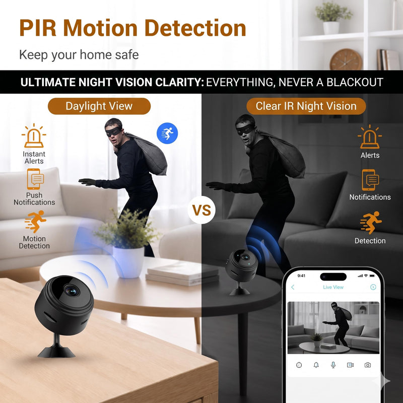 Hidden Camera，Spy Camera,1080p HD Mini WiFi Cam with Night Vision | PIR Motion Detection - Nanny Cam for Baby/Pet/Home/Office Black