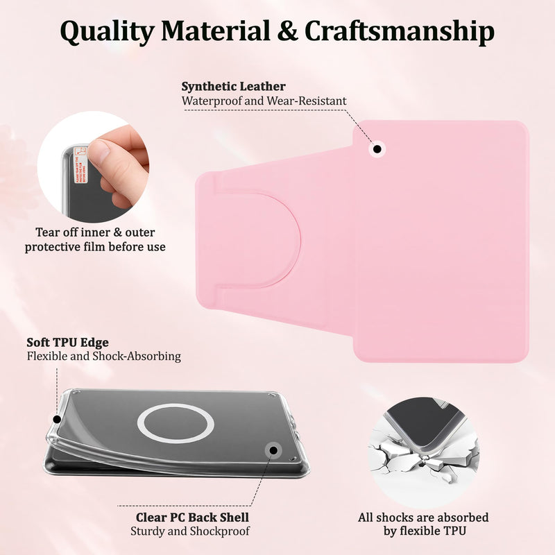 Magnetic Rotating Stand Case for 7'' Kindle Paperwhite & Colorsoft | Magnetic Detachable, Adjustable Stand, Auto Wake/Sleep, Clear PC Case, Soft TPU Edge, Hand Strap, Anti-Slip Grooves, Pink 7" e-book-reader