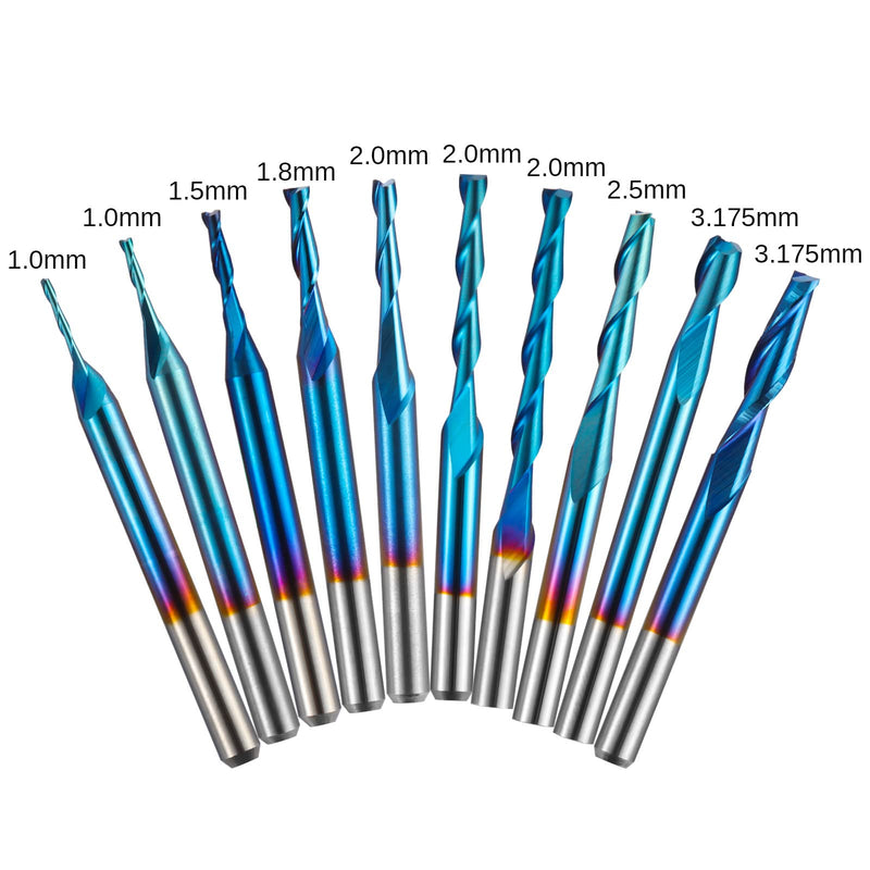 Genmitsu 10pcs 2-Flute Nano Blue Coat Flat Nose Spiral End Mill, 1/8'' Shank, 1.0mm-3.175mm Cutting Diameter, CNC Router Bits for Wood Working Acrylic MDF PVC ABS, FN10A