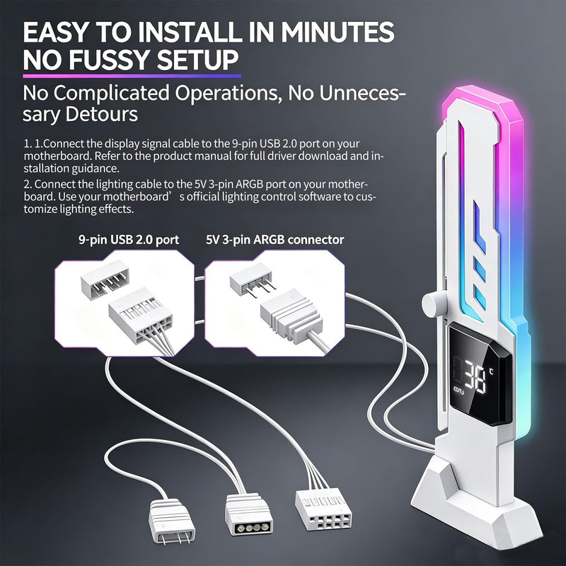 ARGB GPU Support Bracket with CPU & GPU Temp/Usage Display, Adjustable Height Anti Sag GPU Stand with Magnet & Non-Slip Base, Universal Graphics Card Support, RGB GPU Brace / Video Card Holder