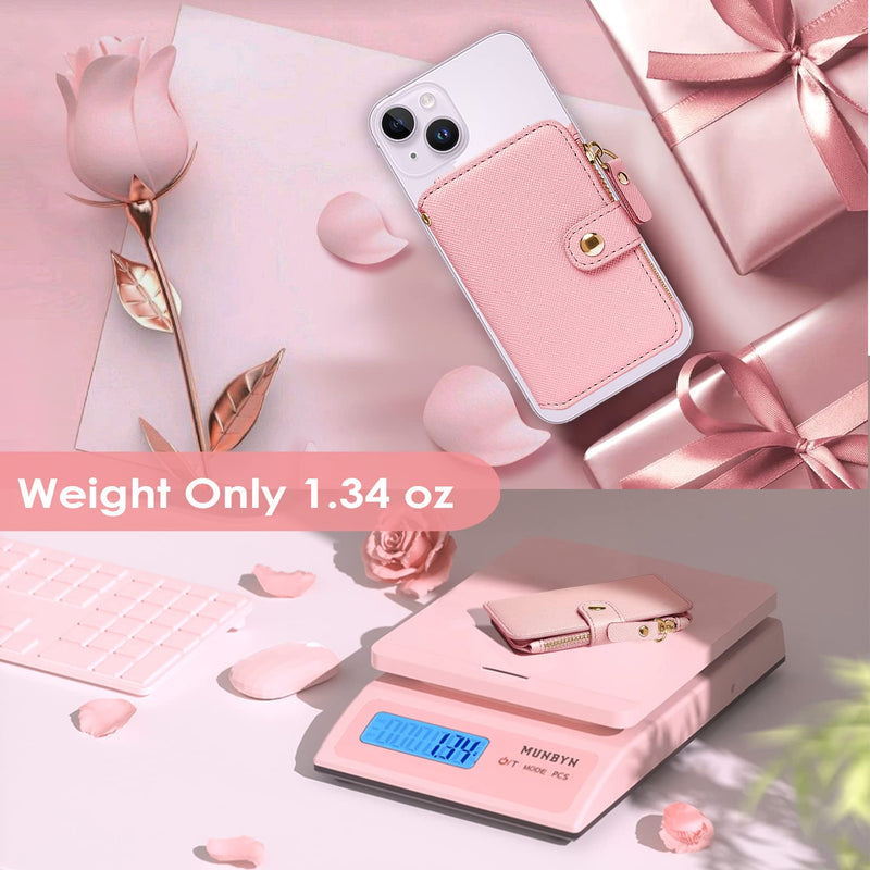 Phone Wallet Stick On,M-Plateau PU Leather Card Holder with Zipper Coin Pocket Compatible with iPhone and iPhone Case for Women with 3M Adhesive and Phone Lanyard Light Pink