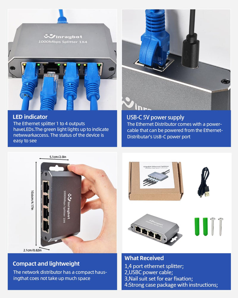 Ethernet Splitter,Ethernet Switch 4 Port,Network switches fixable,Computer Networking switches,gigabit 4 Port switcheEthernet Cable Splitter 1000Mbps Plug & Play Desktop or Wall Mount